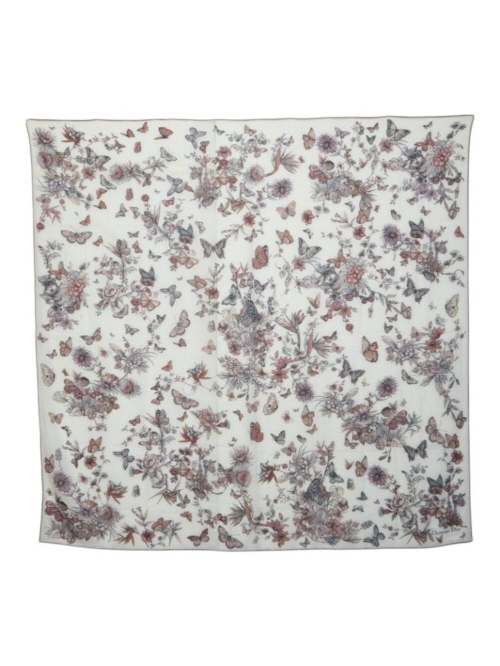 Dior Toile de Jouy Butterfly Flower Scarf Large Shawl White Multicolor Cashmere